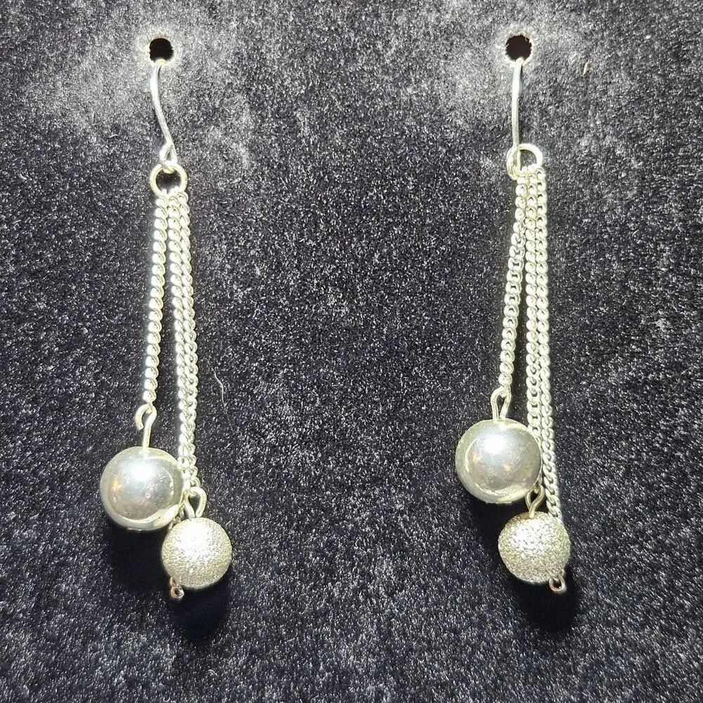 Silver Tone Multiple Dangling Ball Earrings Chains
